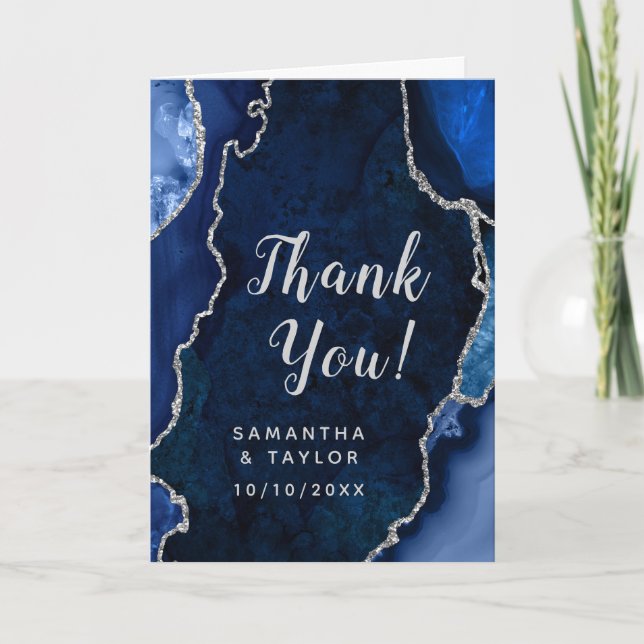 Navy and Silver Agate Marble Wedding Thank You Card (Front)