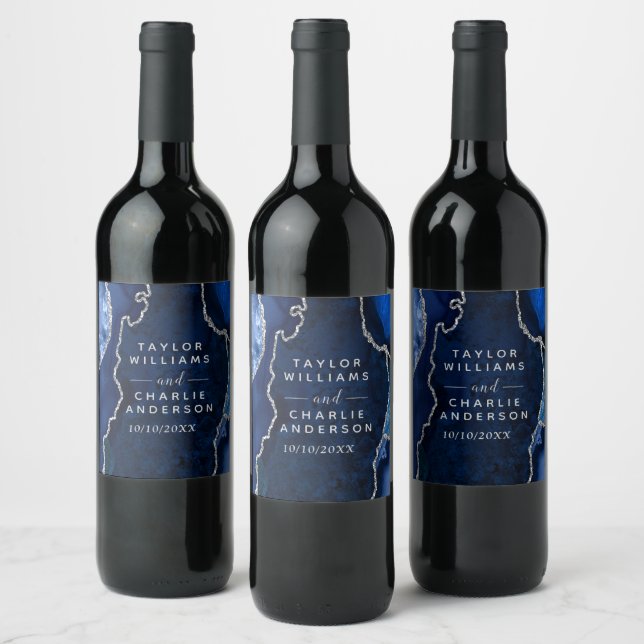 Navy and Silver Agate Marble Wedding Wine Label (Bottles)