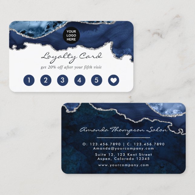 Navy and Silver Agate Precious Stone Corporate Loyalty Card (Front/Back)