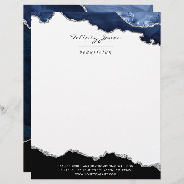 Navy and Silver Agate Precious Stone Custom Letterhead (Front/Back)