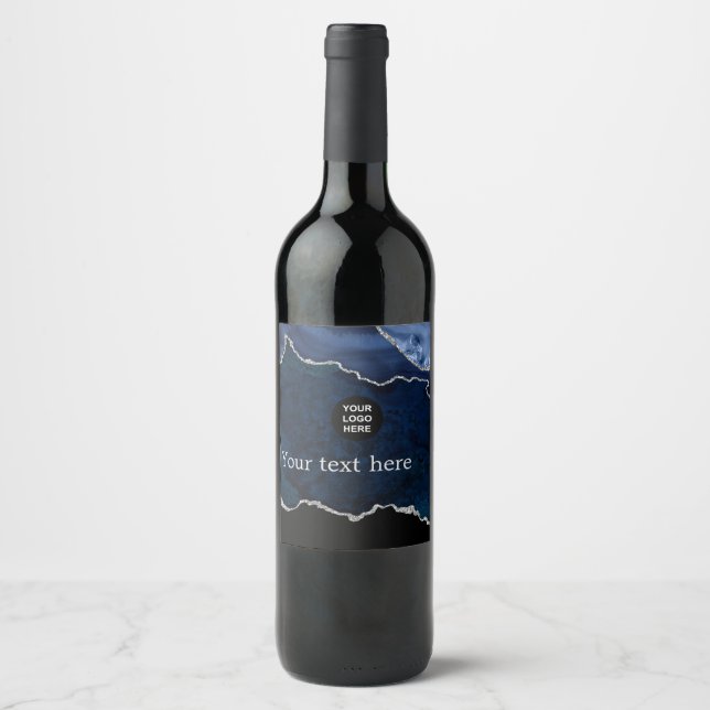 Navy and Silver Agate Precious Stone Wine Label (Front)