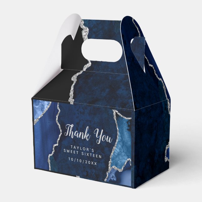 Navy and Silver Agate Sweet Sixteen Thank You Favour Box (Front Side)