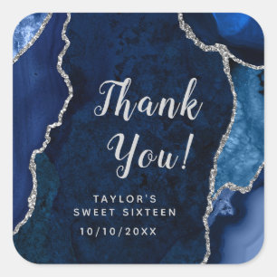 Navy and Silver Agate Sweet Sixteen Thank You Square Sticker