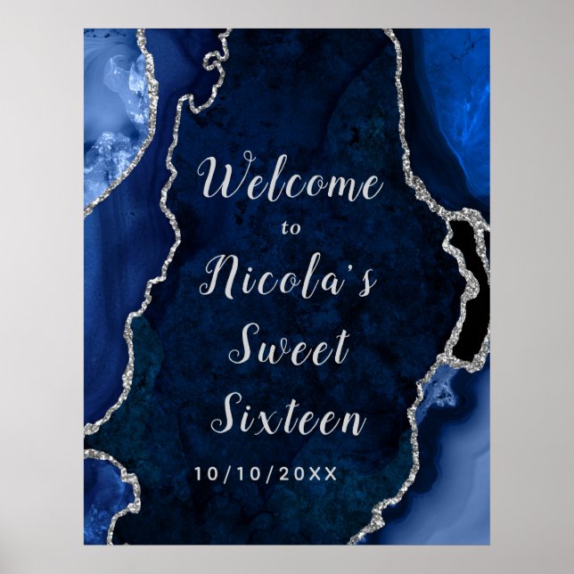 Navy and Silver Agate Sweet Sixteen Welcome Poster (Front)