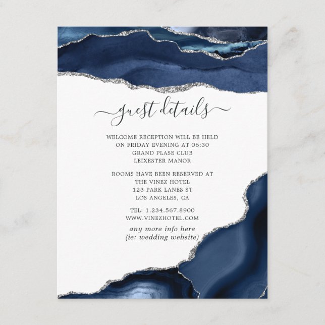Navy and Silver Agate Wedding Guest Details Enclosure Card (Front)