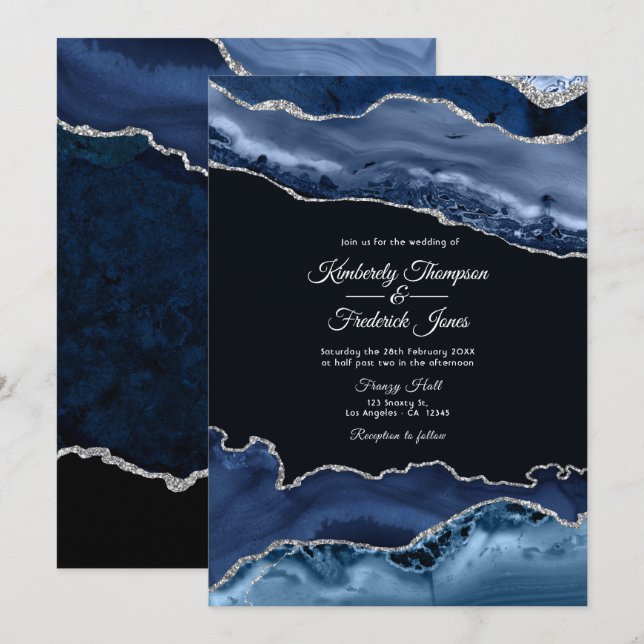Navy and Silver Agate Wedding Invitation (Front/Back)