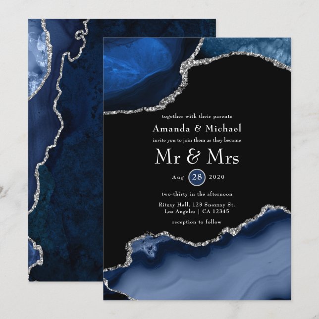 Navy and Silver Agate Wedding Invitation (Front/Back)