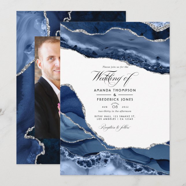 Navy and Silver Agate Wedding Photo Invitation (Front/Back)