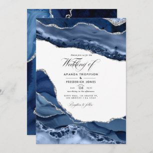 Navy and Silver Agate Wedding Photo Invitation