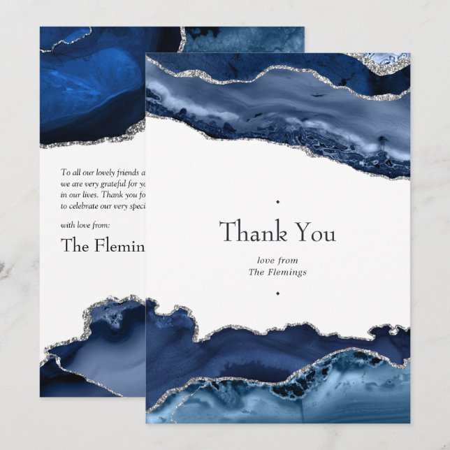 Navy and Silver Agate Wedding Thank You Card (Front/Back)