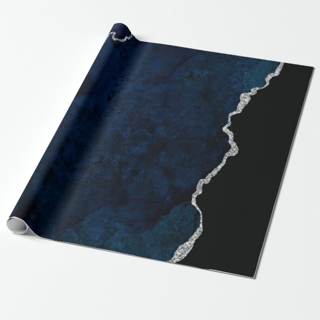 Navy and Silver Agate Wrapping Paper (Unrolled)