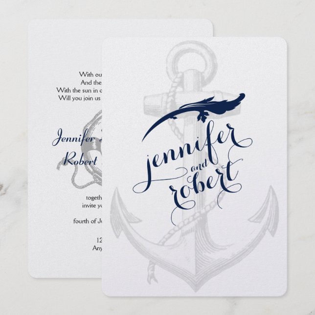 Navy and Silver Anchor Beach Wedding Invitation (Front/Back)