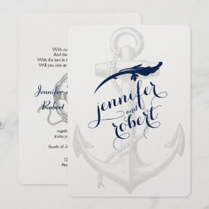 Navy and Silver Anchor Beach Wedding Invitation