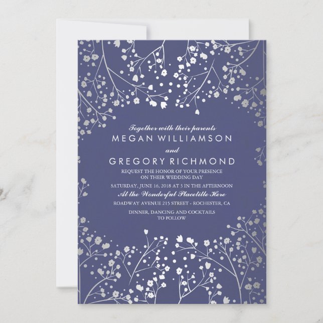 Navy and Silver Baby's Breath Simple Wedding Invitation (Front)