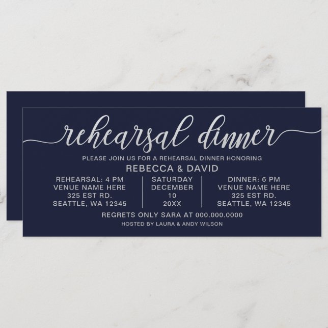 Navy and Silver Calligraphy Rehearsal Dinner Invitation (Front/Back)