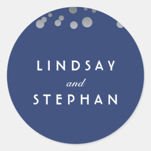 Navy and Silver Confetti Wedding Classic Round Sticker