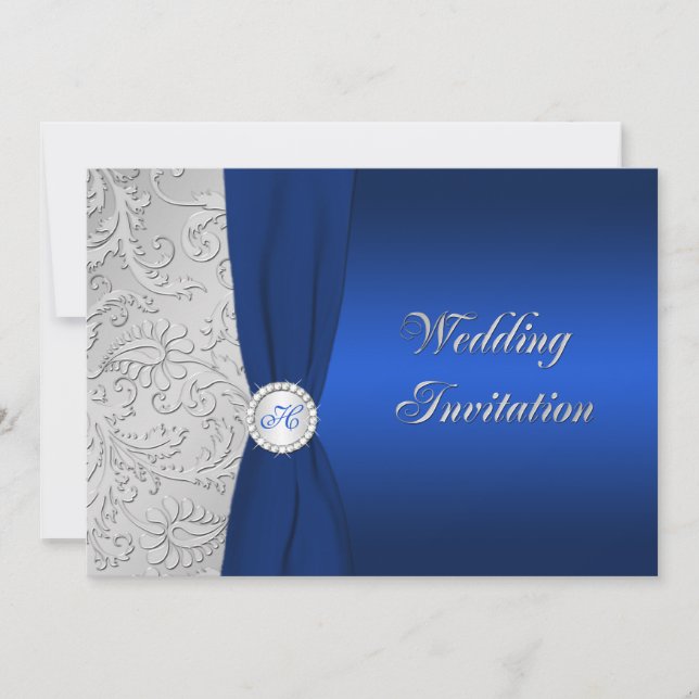 Navy and Silver Damask Monogram Wedding Invitation (Front)
