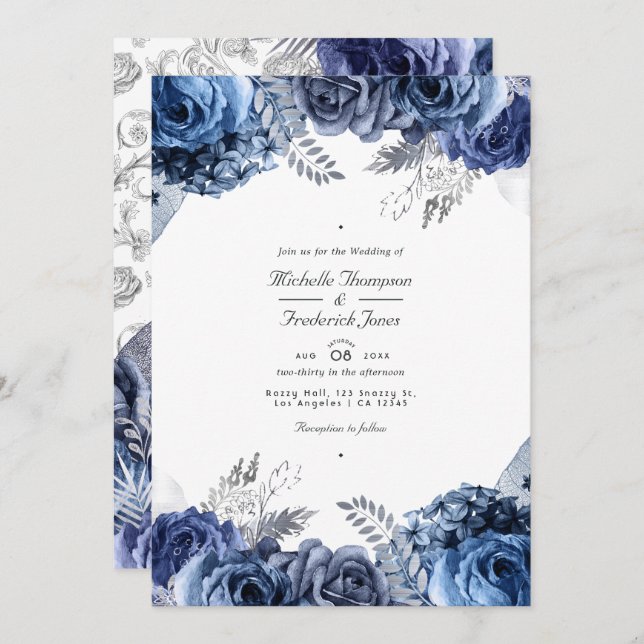 Navy and Silver Faux Foil Floral QR Code Wedding Invitation (Front/Back)