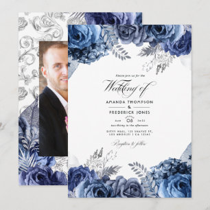Navy and Silver Faux Foil Floral Wedding Photo Invitation