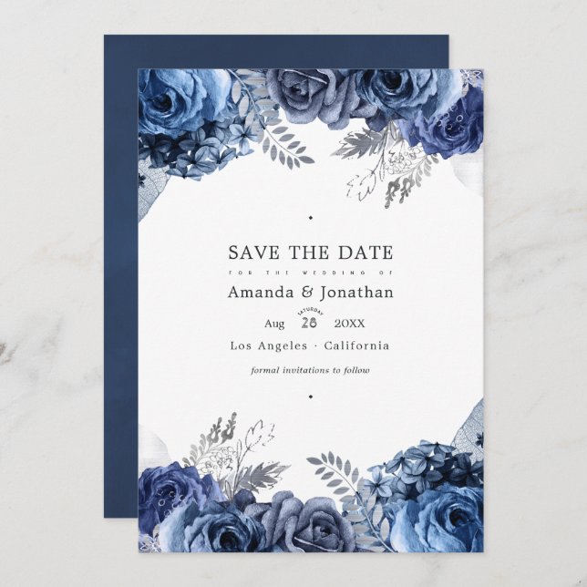 Navy and Silver Faux Foil Floral Wedding Photo Save The Date (Front/Back)