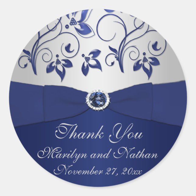 Navy and Silver Floral 1.5" Thank You Sticker (Front)