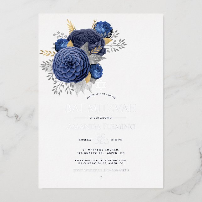 Navy and Silver Floral Bat Mitzvah Photo Foil Invi (Front)