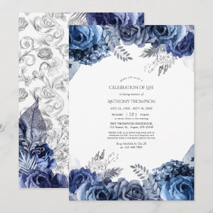 Navy and Silver Floral Celebration of Life Invitation