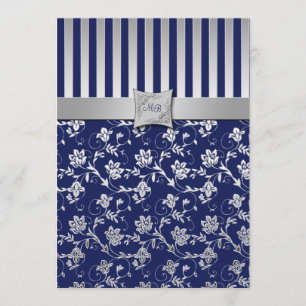Navy and Silver Floral Vine Monogrammed Invitation