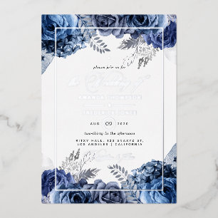 Navy and Silver Floral Wedding Foil Invitation