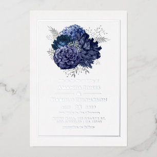 Navy and Silver Floral Wedding Foil Invitation