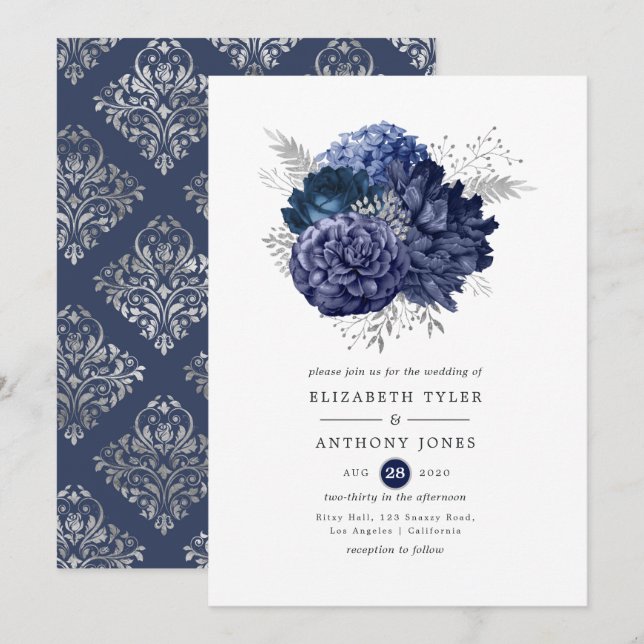 Navy and Silver Floral Wedding Invitation (Front/Back)