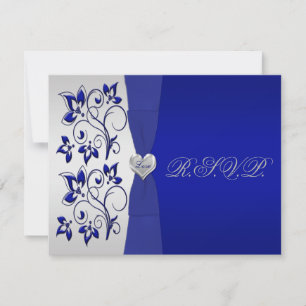 Navy and Silver Floral with Silver Heart RSVP Card