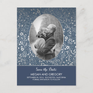 Navy and Silver Flowers Chic Photo Save the Date Announcement Postcard