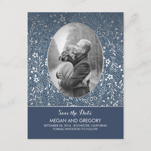 Navy and Silver Flowers Chic Photo Save the Date Announcement Postcard (Front)