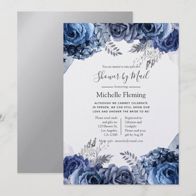 Navy and Silver Foil Bridal or Baby Shower by Mail Invitation (Front/Back)