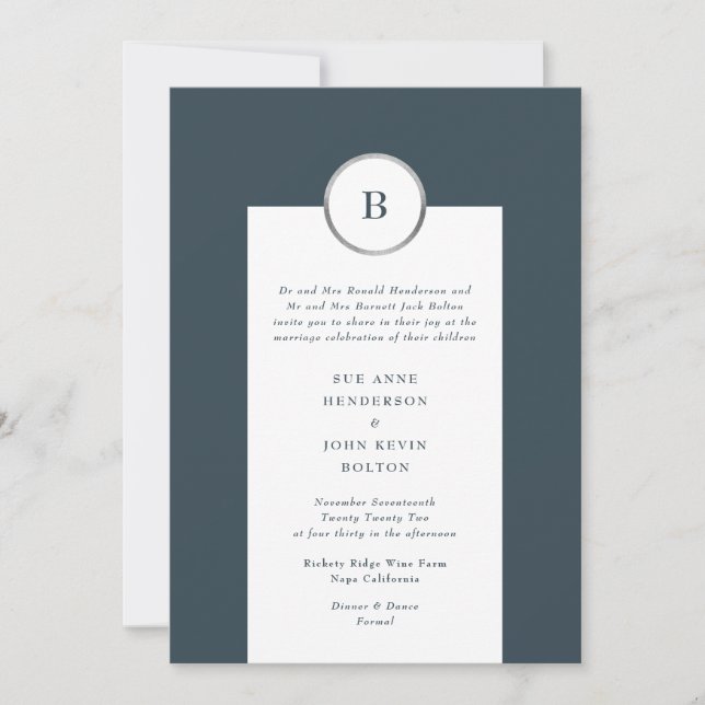 Navy and Silver Foil Circle Monogram Wedding Invitation (Front)