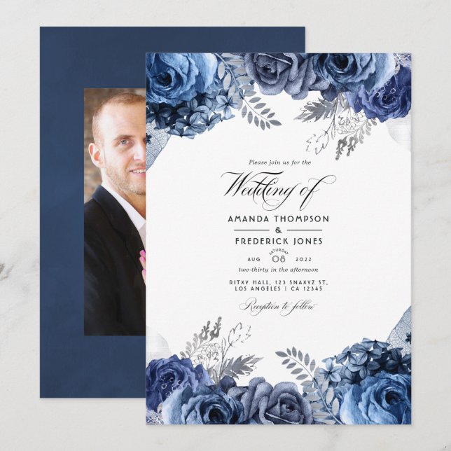 Navy and Silver Foil Floral Wedding Photo Invitation (Front/Back)