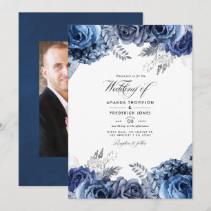 Navy and Silver Foil Floral Wedding Photo Invitation