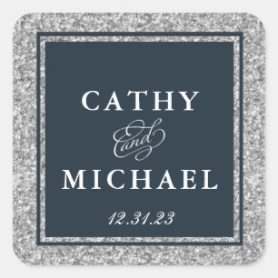 Navy and Silver Glitter Favour Square Sticker