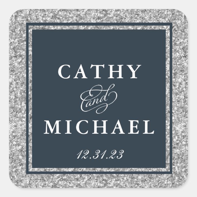 Navy and Silver Glitter Favour Square Sticker (Front)