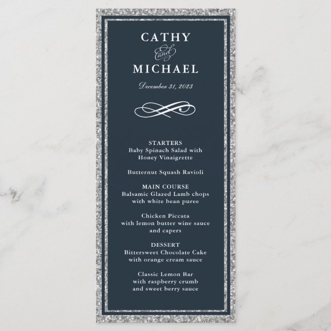 Navy and Silver Glitter Personalised Menu Card (Front)