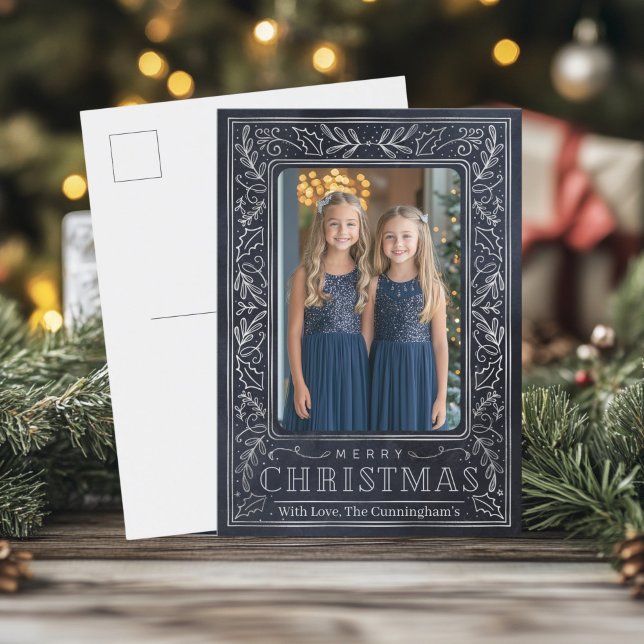Navy and Silver Holiday Postcard (Navy and Silver Holly Photo 
Christmas Postcard)