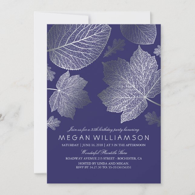 Navy and Silver Leaves Fall Birthday Party Invitation (Front)