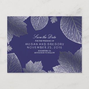 navy and silver leaves fall save the date announcement postcard