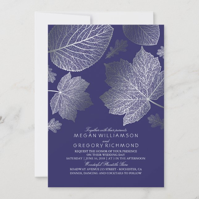 Navy and Silver Leaves Vintage Fall Wedding Invitation (Front)