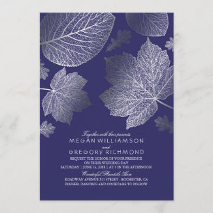 Navy and Silver Leaves Vintage Fall Wedding Invitation