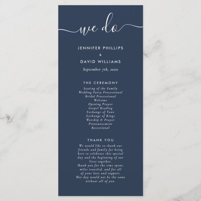 Navy and Silver Modern Script Wedding Programme (Front)