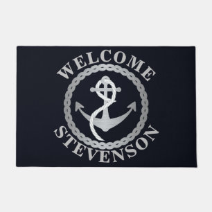 Navy and Silver Nautical Sailing Welcome Mat
