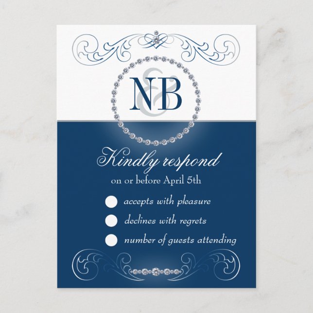 Navy and silver RSVP postcards Rhinestones (Front)