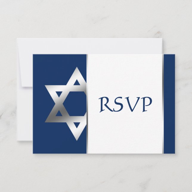 Navy and Silver Star of David Bar Mitzvah RSVP Card (Front)